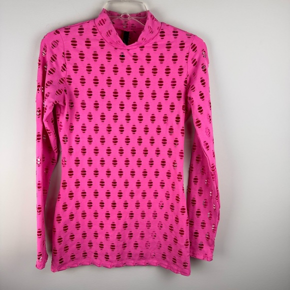 POSH by V Perforated High-Neck Pink Long Sleeve Stretch-jersey Top - Picture 9 of 13